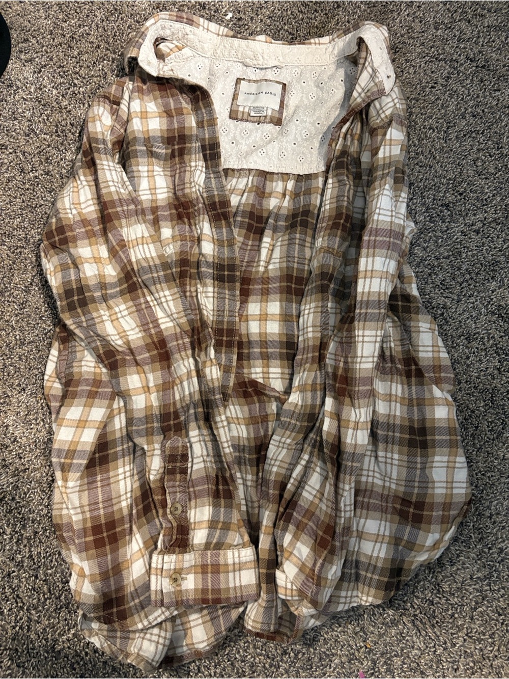 American Eagle Outfitters Cream, Brown & Tan Plaid Button-Down Shirt
